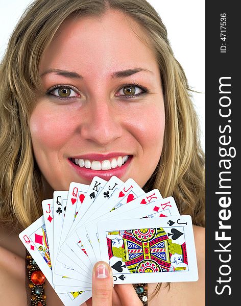 Smiling young adorable woman with playing cards. Smiling young adorable woman with playing cards