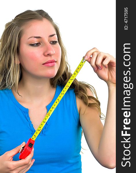 Young office woman in blue with a tape-measure. Young office woman in blue with a tape-measure