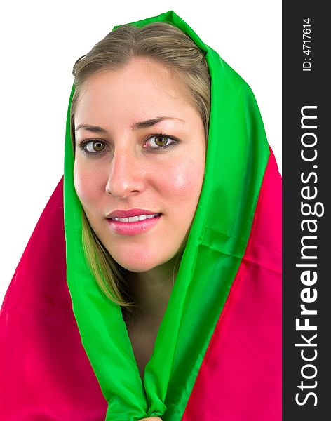 Smiling elegant lady wrapped in colorful shawl. Smiling elegant lady wrapped in colorful shawl