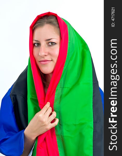 Smiling elegant lady wrapped in colorful shawl. Smiling elegant lady wrapped in colorful shawl