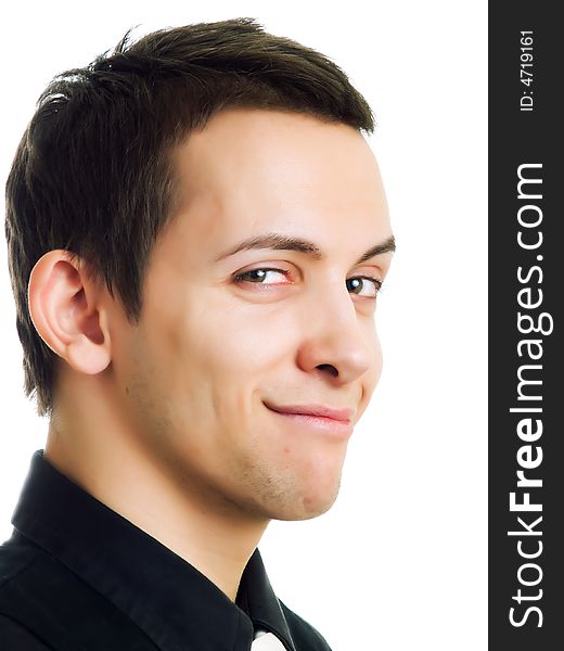 Young businessman smiling, on a white background