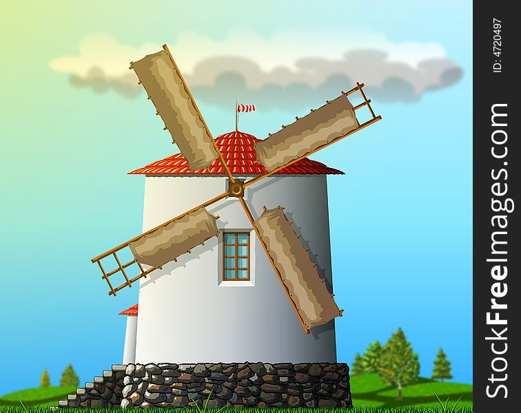 Windmill landscape in sunny midday on a background of the sky and trees.