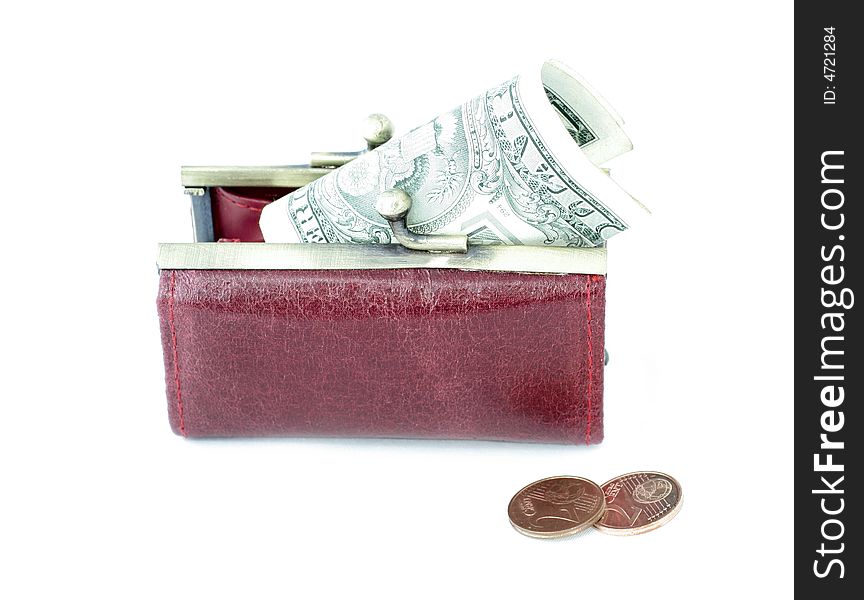 Money in a red purse on a white background