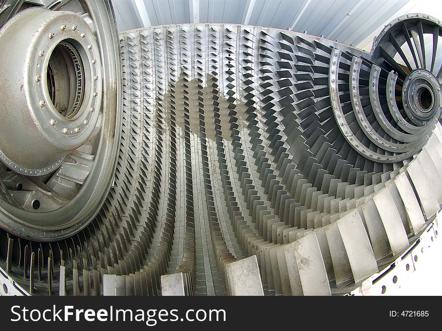 Fish-eye view of internal parts of a jet engine. Fish-eye view of internal parts of a jet engine