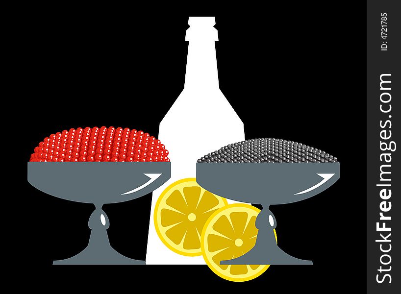 Bottle and two dishes with caviar on a black background