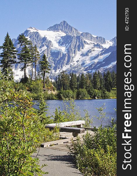 Scenic view of bench and lake in Mt Baker National Park, Washington, USA