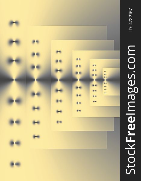 Abstract design in gold, black and gray of six repeating rectangles of various sizes with points of light on a horizontal axis. Abstract design in gold, black and gray of six repeating rectangles of various sizes with points of light on a horizontal axis.