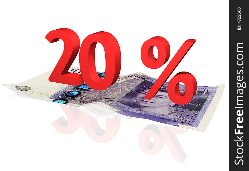 3d rendered 20 % percentage on a twenty pounds banknote