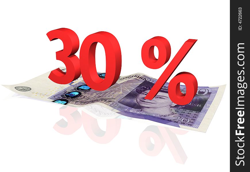 3d rendered 30 % percentage on a twenty pounds banknote