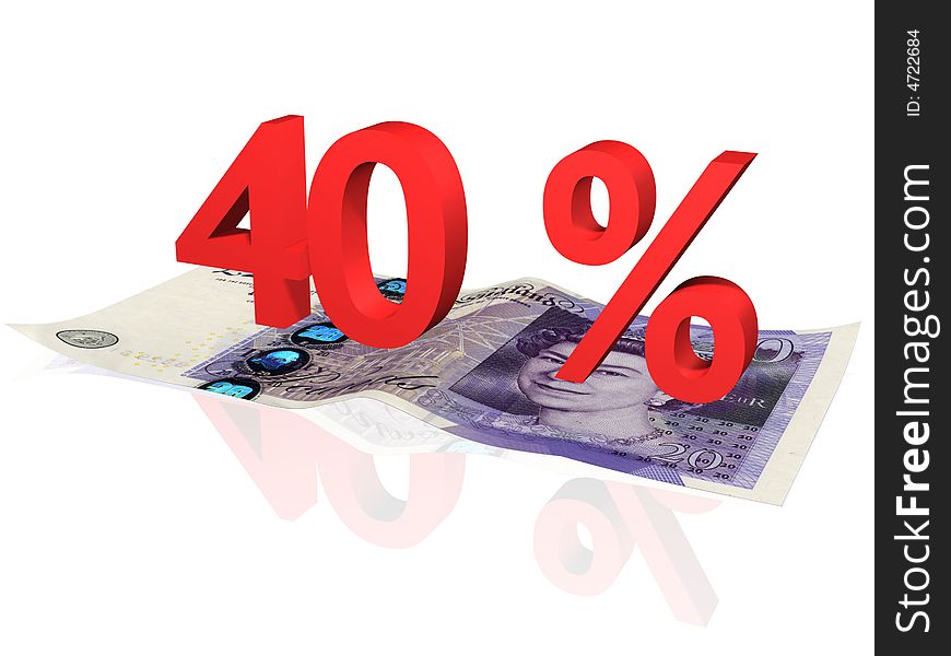 3d rendered 40 % percentage on a twenty pounds banknote