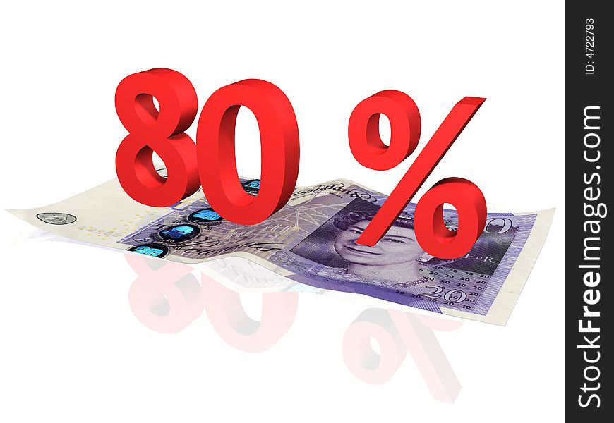 3d rendered 80 % percentage on a twenty pounds banknote