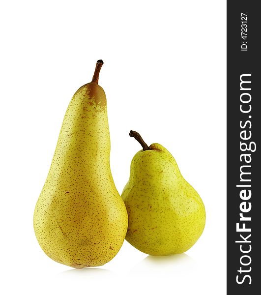 Two ripe spotted pears isolated over white
