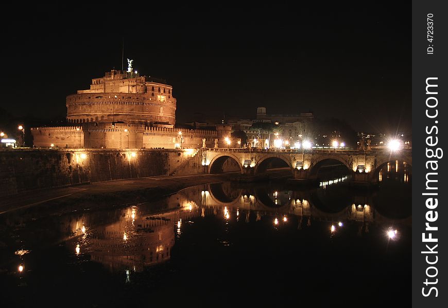 Night shot of the castle and bridge of st. Angelo from the Victor Manuel II bridge. Night shot of the castle and bridge of st. Angelo from the Victor Manuel II bridge