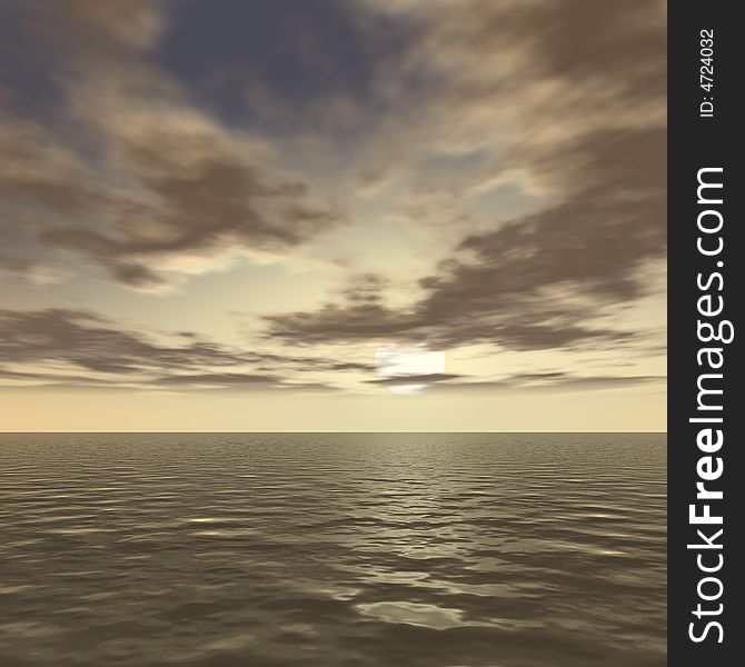 Rendered sunrise with clouds over rippled water