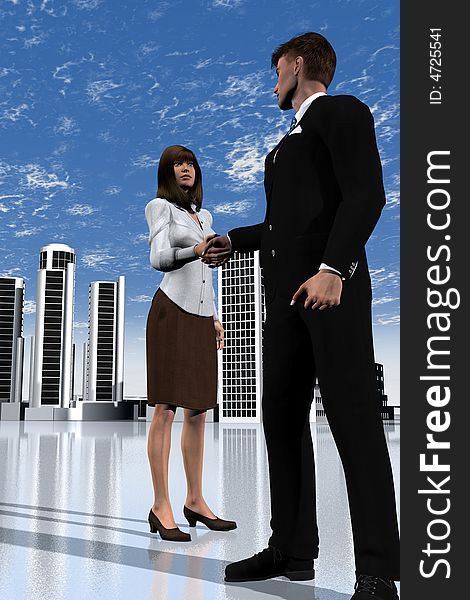 A businessman and a businesswoman shake hands in the city. A businessman and a businesswoman shake hands in the city