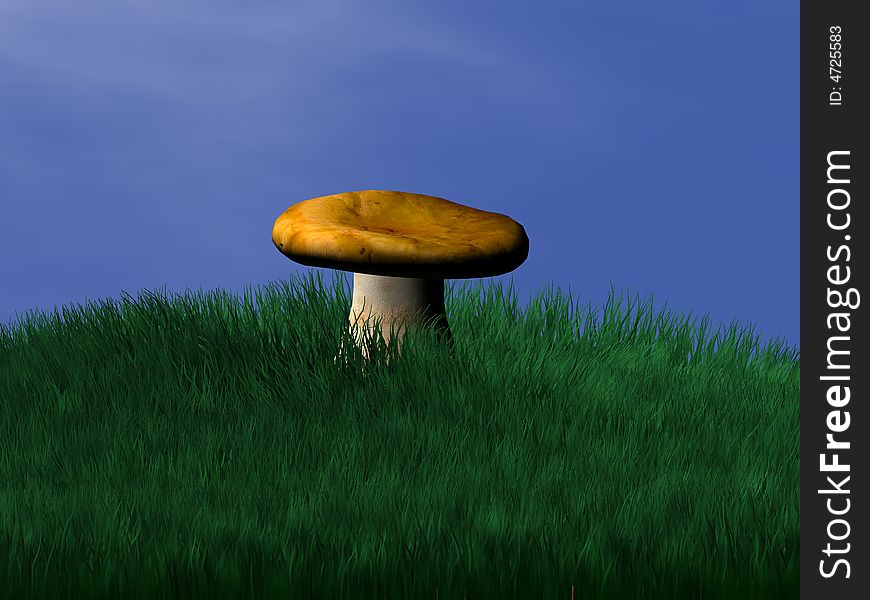 A toadstool sits alone on a mound of grass. A toadstool sits alone on a mound of grass