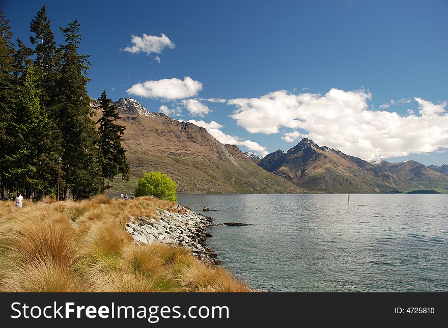 Spring view of Lake Wakatipu in Queenstown, New Zealand, near Queenstown. Spring view of Lake Wakatipu in Queenstown, New Zealand, near Queenstown