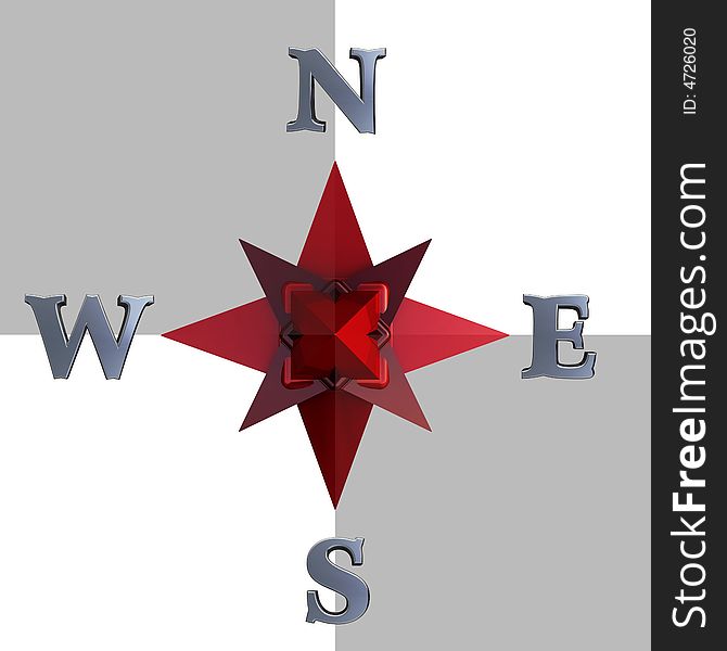 An abstract 3D rendering of a red compass. An abstract 3D rendering of a red compass.