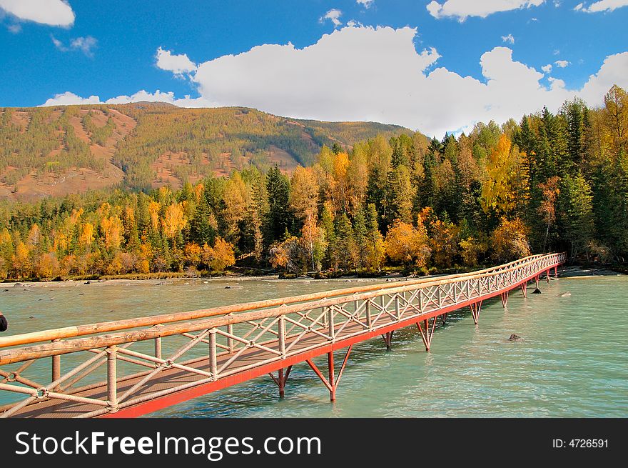 A bridge across Kanasi river in the north of Xinjiang Province