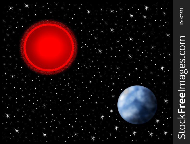 Abstract illustration on the space theme - red Sun and blue  planet Earth. Abstract illustration on the space theme - red Sun and blue  planet Earth