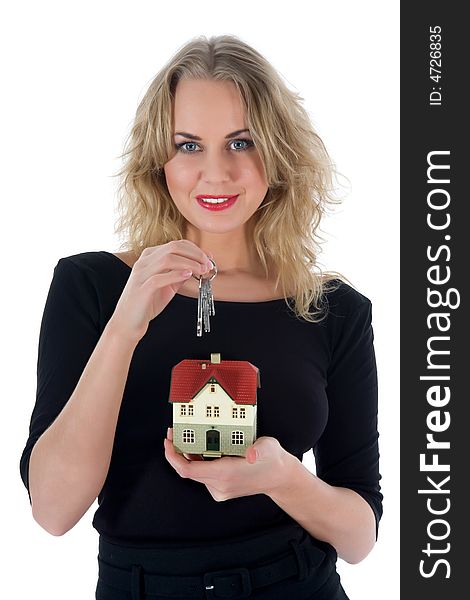 Business woman advertises real estate on white background