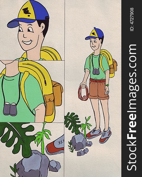 Boy with a cap and tracking bag and binoculars ready for tracking. Boy with a cap and tracking bag and binoculars ready for tracking