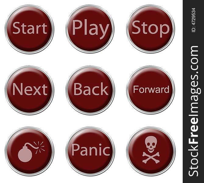 A set of nine red buttons on the white background. A set of nine red buttons on the white background