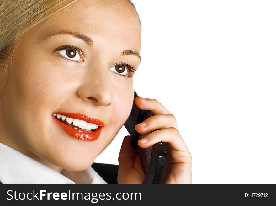 Businesswoman. Woman working in office using mobile phone.