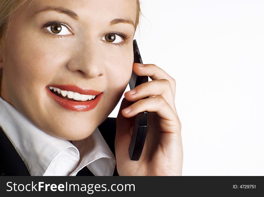 Businesswoman. Woman working in office using mobile phone.