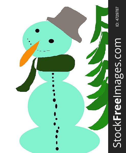 Snowman with carrot, muffler, buttons and fur cap.
