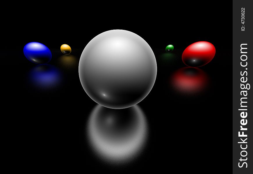 Five 3d couloured spheres, reflect effect, on black background. Five 3d couloured spheres, reflect effect, on black background