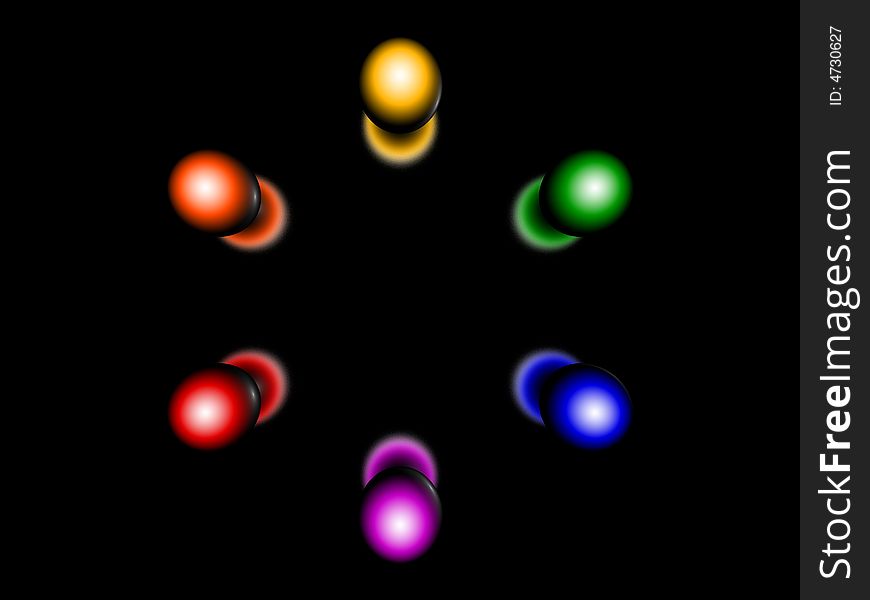 Five 3d couloured spheres, reflect effect, on black background. Five 3d couloured spheres, reflect effect, on black background