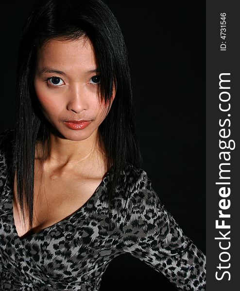 Portrait of young Asian beauty wearing a animal-print dress. Portrait of young Asian beauty wearing a animal-print dress