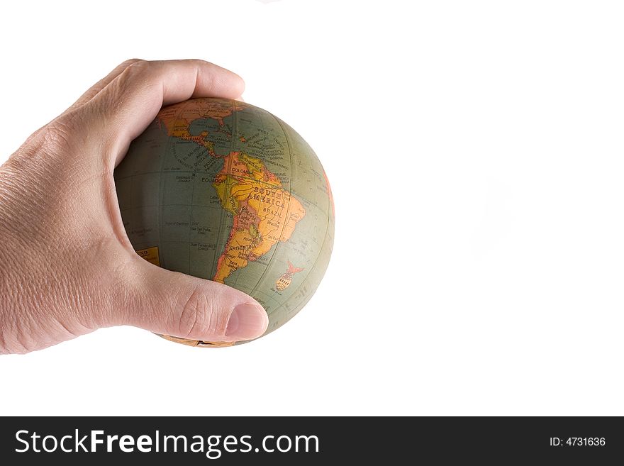 Male hand holding world globe on white background. Male hand holding world globe on white background