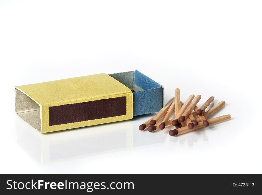 A matchbox with loose matches on white background. A matchbox with loose matches on white background