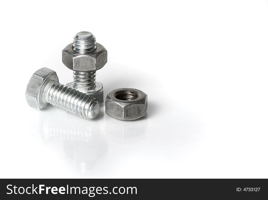 Two bolts and nuts on a white background