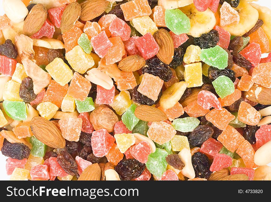 Background from assorted dried fruits and nuts. Close-up.