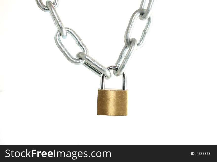 A padlock holding a silver chain. A padlock holding a silver chain
