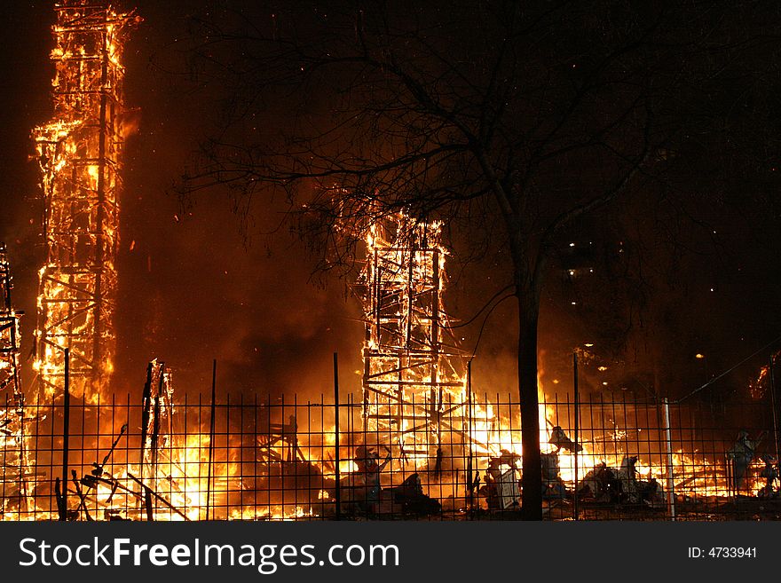 Burning Falla in Valencia. Big column of fire. Burning Falla in Valencia. Big column of fire