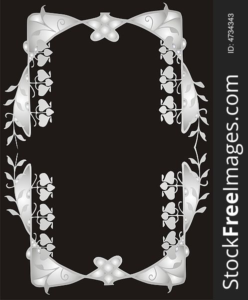 Silver floral frame on black background -  illustration. Silver floral frame on black background -  illustration