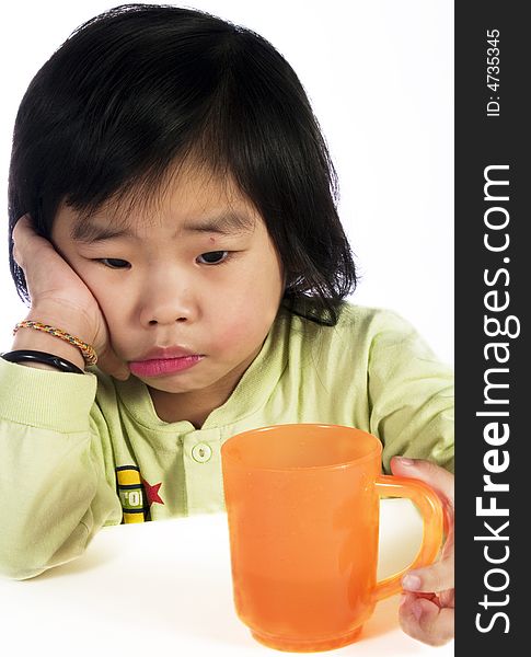 Asian kid take a cup with white background