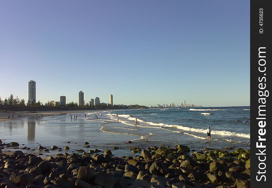 Burliegh Heads Beach on Queenslands Gold Coast looking north to Surfers Paradise.