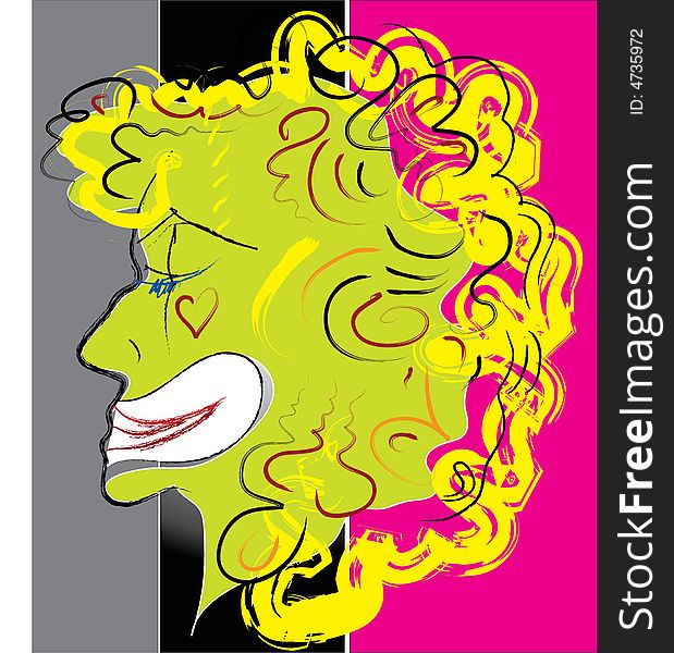 The profile of green clown with the heart on the cheek and the curly hair on strepped background. The profile of green clown with the heart on the cheek and the curly hair on strepped background