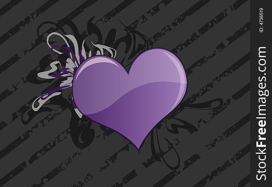 Graphic illustration of a dark grungy striped background with purple heart against lighter curly swirls. Graphic illustration of a dark grungy striped background with purple heart against lighter curly swirls.