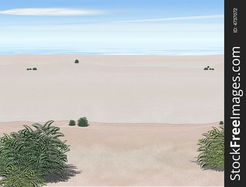 A broad sandy beach with beach plants illustration. A broad sandy beach with beach plants illustration