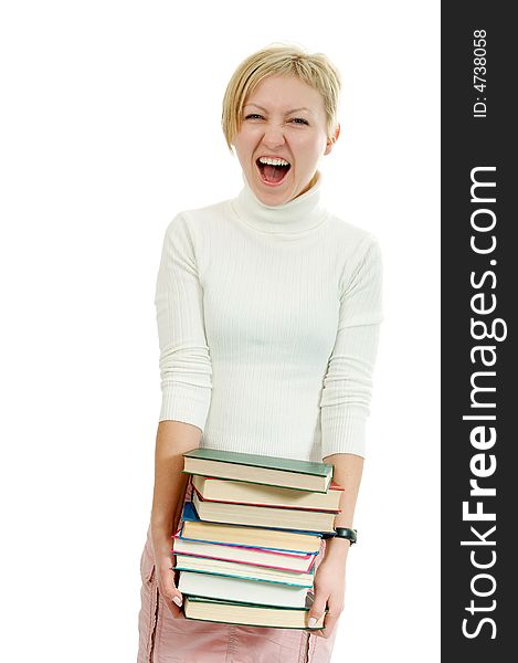 Woman with pile books on white background