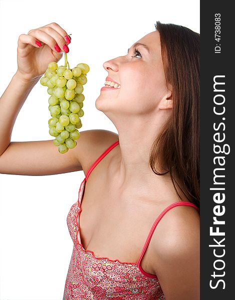 Woman with  fruit on white background