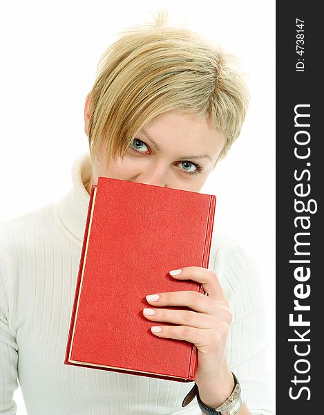 Woman with red book on white background