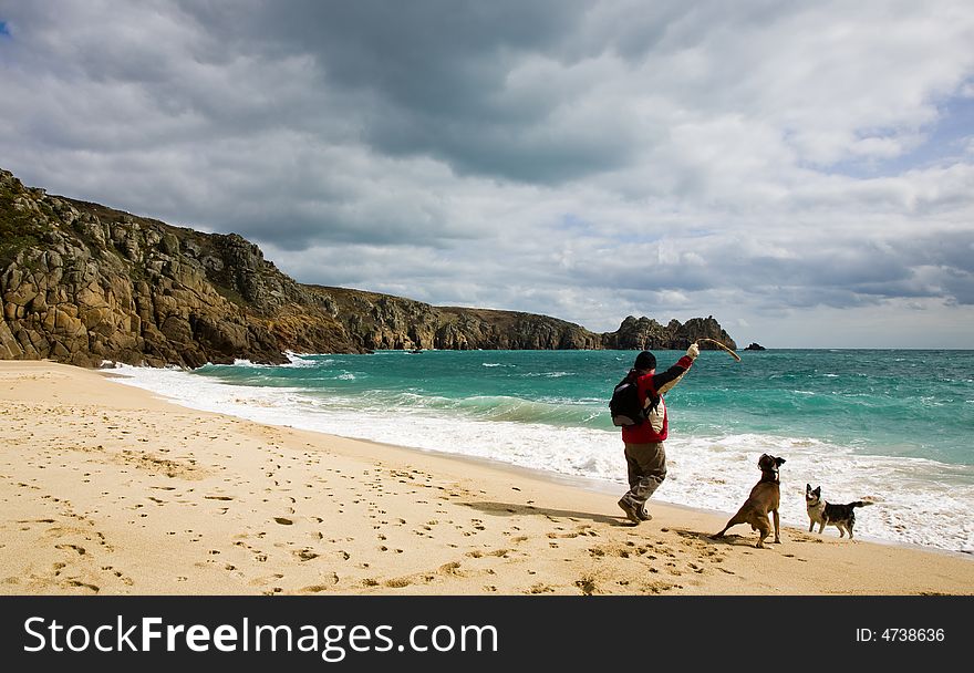 Man playing fetch with 2 dogs on a Cornish beach on holiday