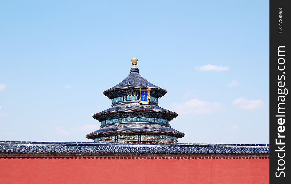 Hall of Prayer for Good Harvest behind red wall in the temple of Heaven, world historical heritage, Beijing, China